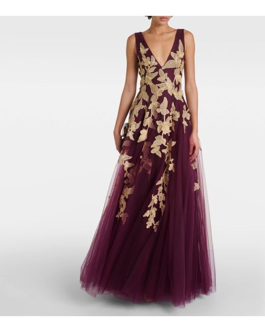 Costarellos Purple Floral Applique Tulle Gown