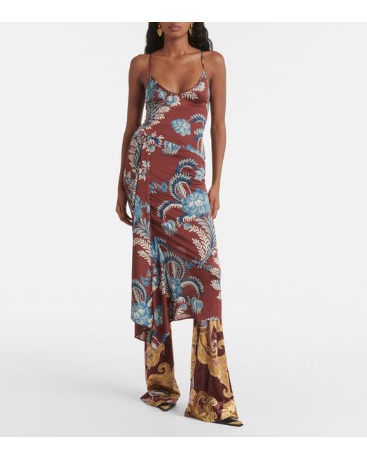 Etro Red Floral Satin Midi Dress