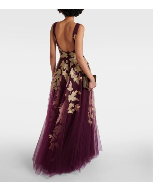 Costarellos Purple Floral Applique Tulle Gown