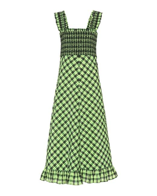 Ganni Green Checked Seersucker Midi Dress
