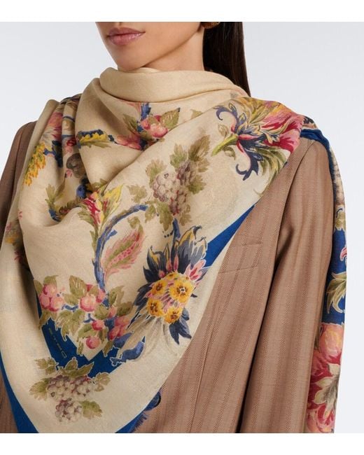 Etro Blue Floral Modal And Cashmere Scarf