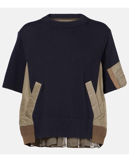 Sacai Blue Paneled Cotton-Blend T-Shirt