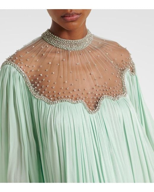 Costarellos Green Elline Embellished Pleated Gown