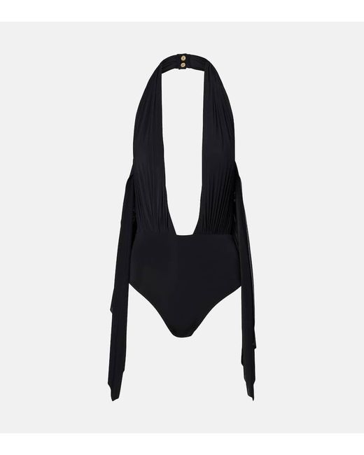 Banador Drapeado Con Escote Halter Balmain de color Black