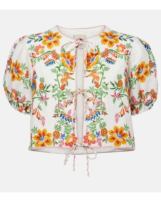 Farm Rio Metallic Floral Puff-Sleeve Linen Blouse