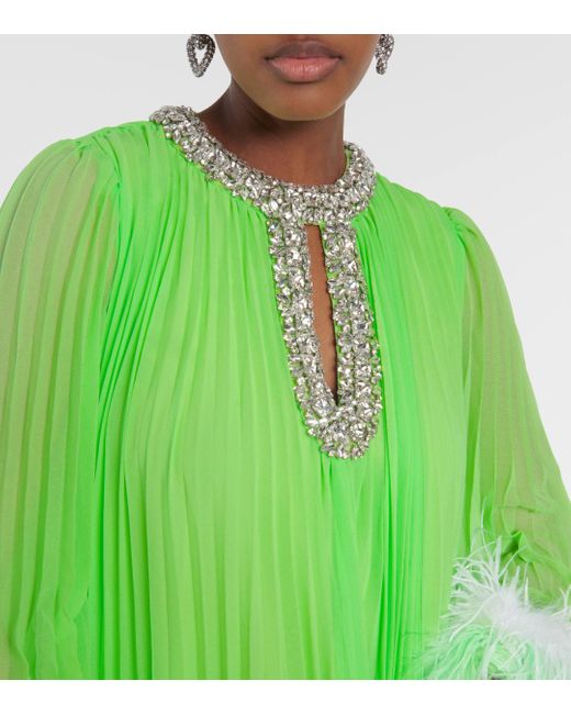Self-Portrait Green Pleated Feather-trimmed Chiffon Gown