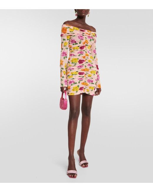 Magda Butrym Pink Ruched Off-Shoulder Floral Minidress