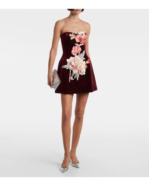 LEO LIN Red Rosario Floral-Applique Velvet Minidress