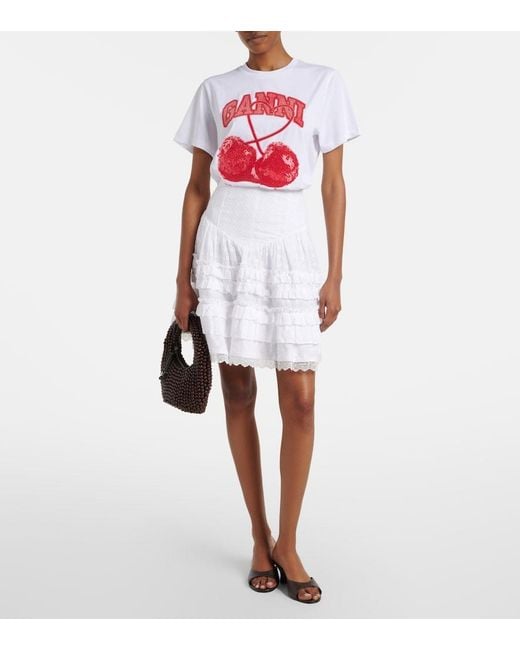 Ganni White Broderie Anglaise Tiered Cotton Miniskirt