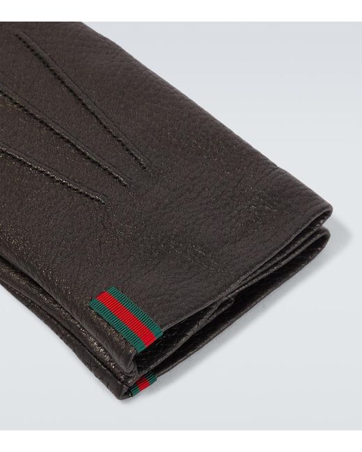 Gucci Black Web Stripe Leather Gloves for men