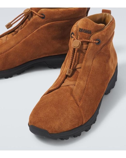 Zegna Brown Triple Stitch Vetta Suede Sneakers for men
