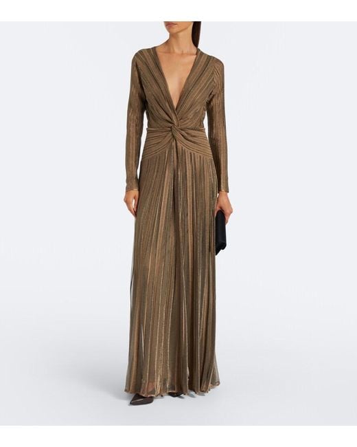 Ralph Lauren Brown Dabney Pleated Silk-Blend Lame Gown