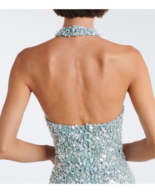 La Fuori Blue Halterneck Sequined Gown