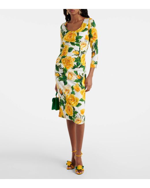 Dolce & Gabbana Yellow Floral Silk-blend Midi Dress