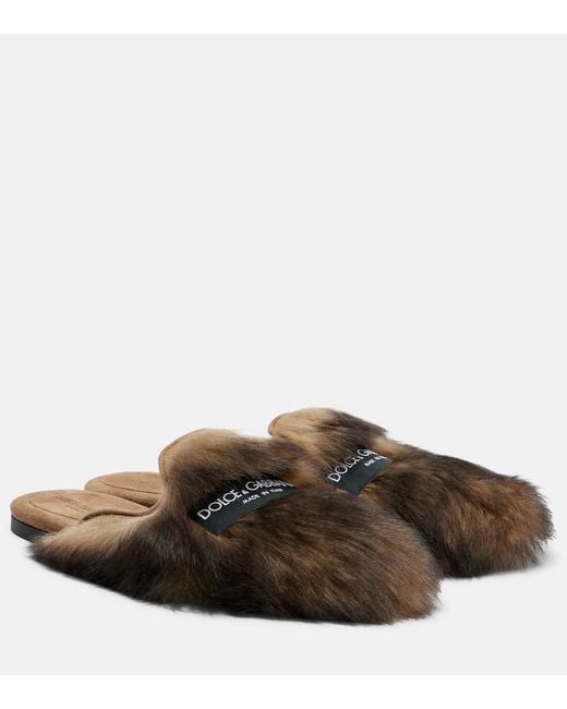 Dolce & Gabbana Brown Logo Suede-Trimmed Shearling Mules