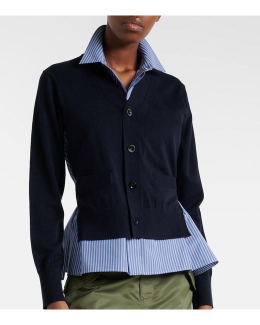 Sacai Blue Layered Striped Cotton Cardigan