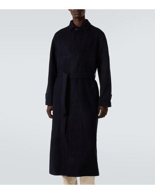 Saman Amel Blue Belted Wool Overcoat for men