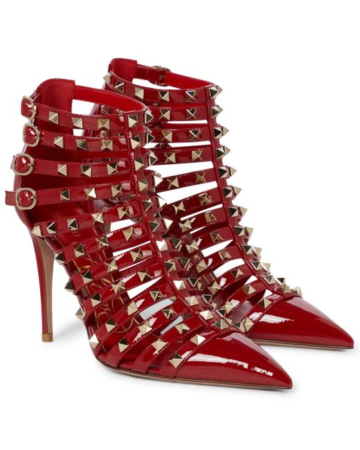 Valentino Garavani Valentino Rockstud Patent Leather Ankle Boots in Red (Black) - Lyst