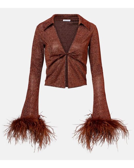 Oseree Brown Lumiere Plumage Feather-Trimmed Blouse