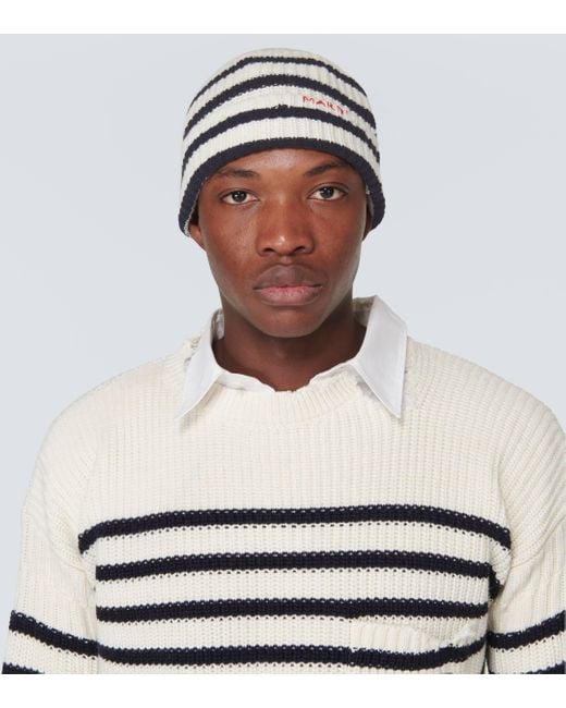 Marni White Striped Virgin Wool Beanie for men