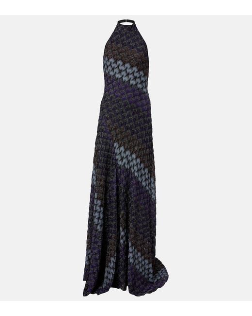Missoni Blue Halterneck Knitted Lame Gown