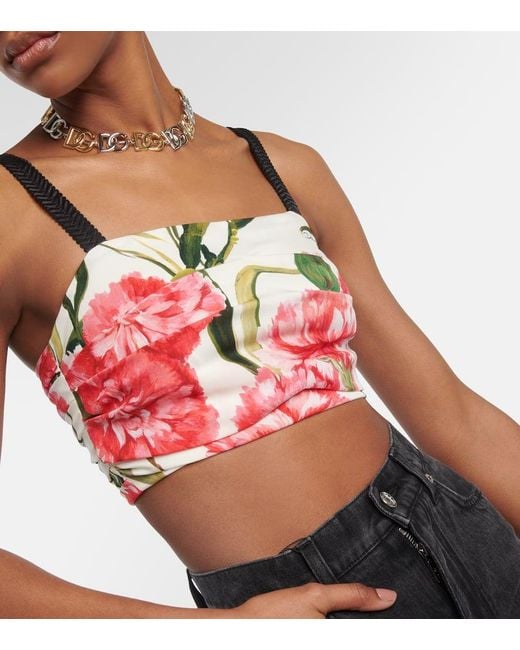 Dolce & Gabbana Red Floral-printed Silk-blend Crop Top