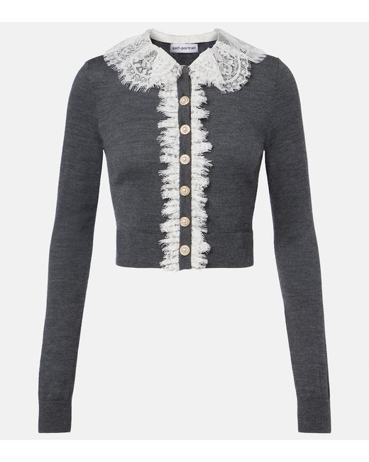 Self-Portrait Blue Lace-Trimmed Wool Cardigan