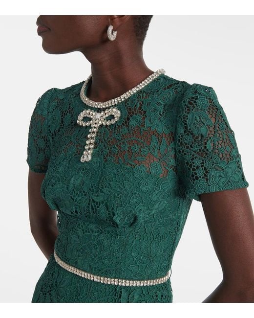 Self-Portrait Green Bow-Detail Embellished Lace Midi Dress