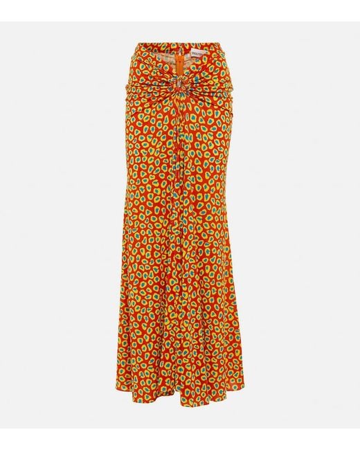 Rabanne Orange Low-Rise Printed Jersey Maxi Skirt