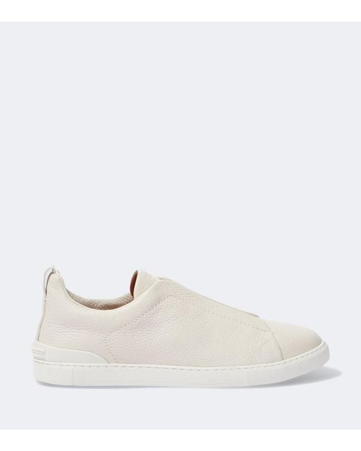 Zegna White Triple Stitch Leather Sneakers for men