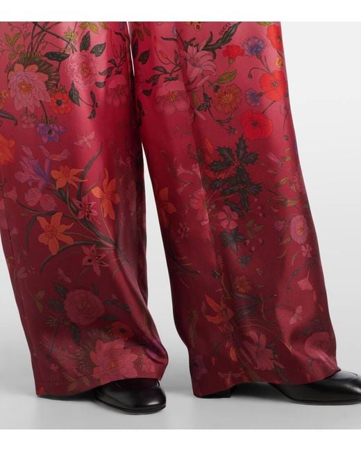 Gucci Red Floral Silk Wide-Leg Pants