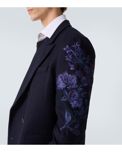 Dries Van Noten Blue Floral Double-Breasted Wool Coat for men