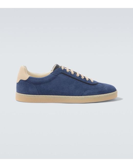 Brunello Cucinelli Blue Leather-Trimmed Suede Sneakers for men