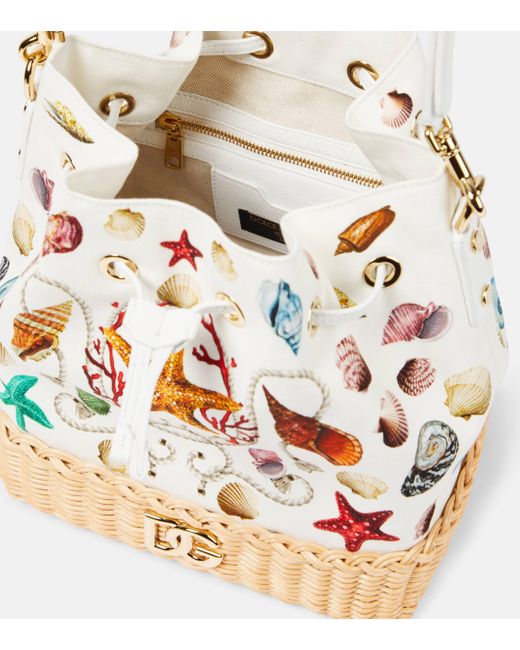 Dolce & Gabbana White Capri Dg Raffia-trimmed Canvas Bucket Bag