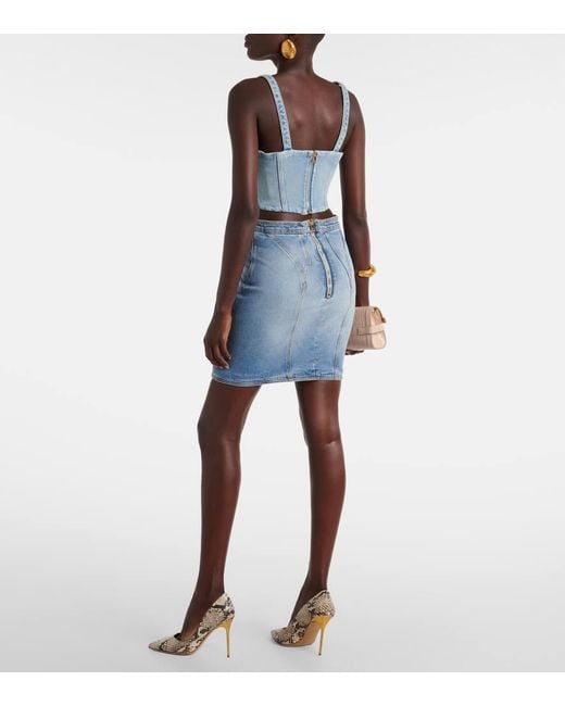 Balmain Blue Cropped-Bustier-Top Aus Denim