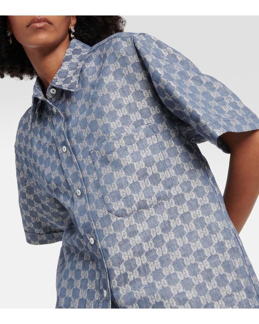 Camisa de lino con manga corta Gucci de color Blue