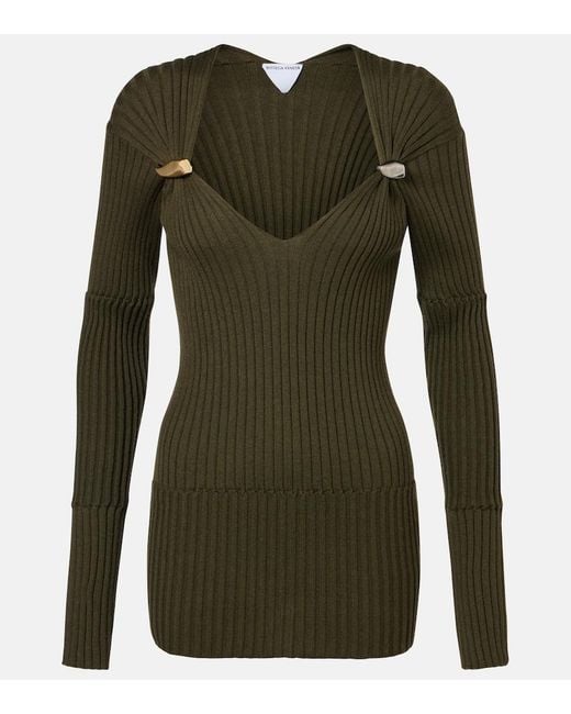Bottega Veneta Green Ribbed-Knit Cashmere And Silk Top