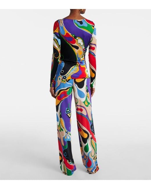 Emilio Pucci Blue Printed Jersey Long-Sleeve Blouse