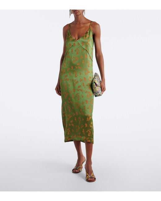Dries Van Noten Green Floral Jacquard Satin Slip Dress