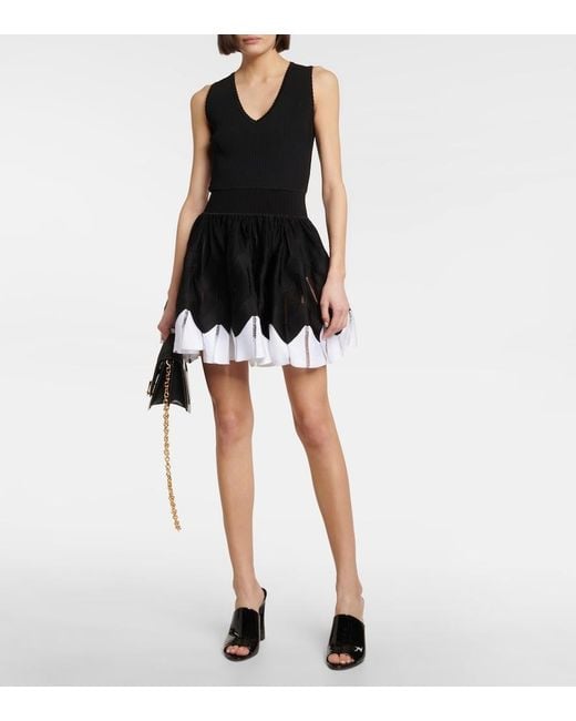 Alaïa Black Scalloped-trim Pleated-skirt Stretch-woven Mini Dress