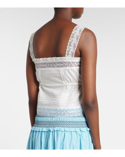 Ganni White Lace-Trimmed Ruffled Cotton Crop Top