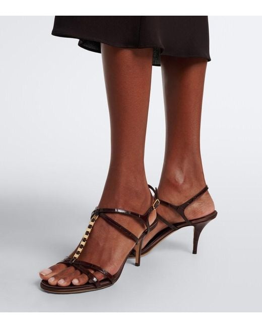 Ferragamo Brown Tiane Croc-Effect Embellished Leather Sandals
