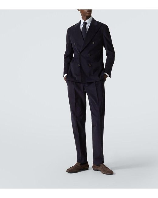 Thom Sweeney Blue Double-Breasted Brushed Cotton Suit for men