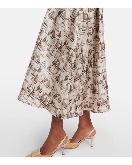 Max Mara White Printed Tie-Neck Silk Twill Midi Dress