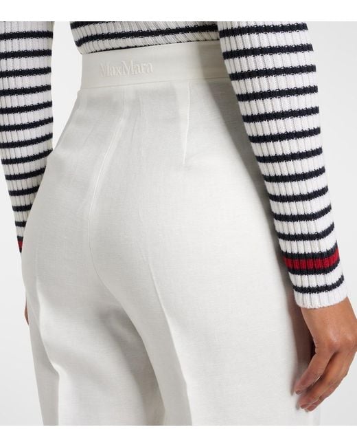 Max Mara White Aversa High-Rise Linen Wide-Leg Pants