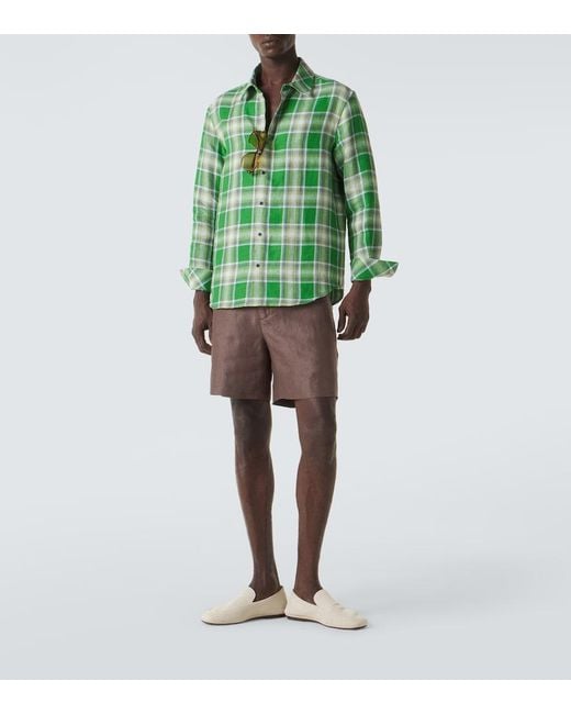 God's True Cashmere Green Harbor Plaid Linen Shirt With Lapis Lazuli for men
