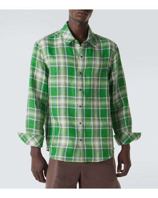 God's True Cashmere Green Harbor Plaid Linen Shirt With Lapis Lazuli for men