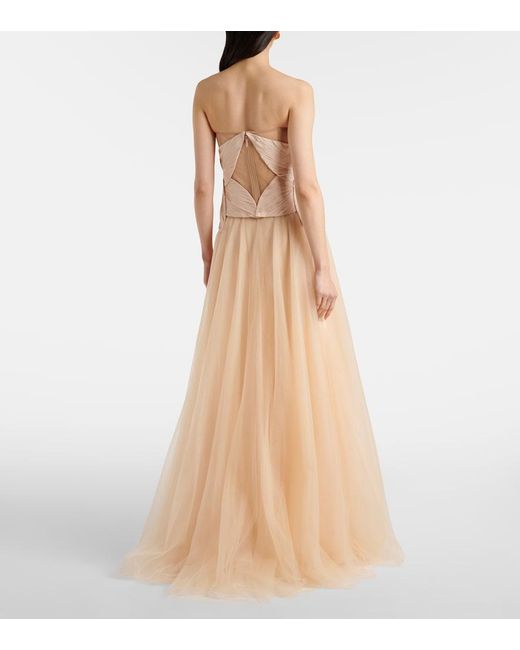 Costarellos Natural Lucasta Georgette Bustier Gown