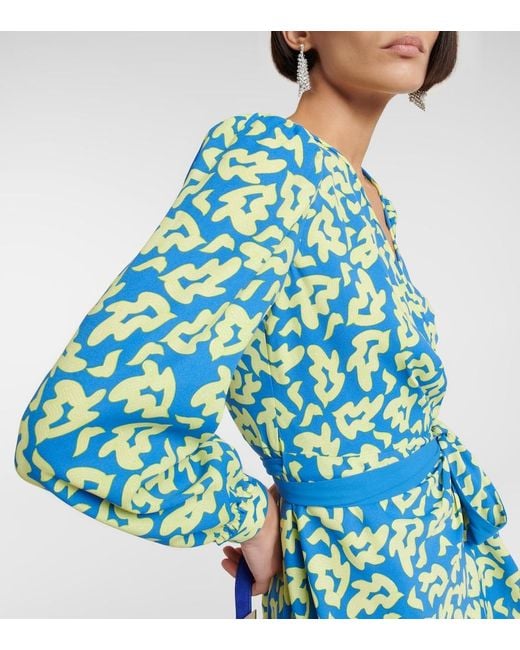 Diane von Furstenberg Blue Printed Tie-Waist Midi Dress