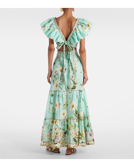Camilla Green Floral Tiered Linen Maxi Skirt
